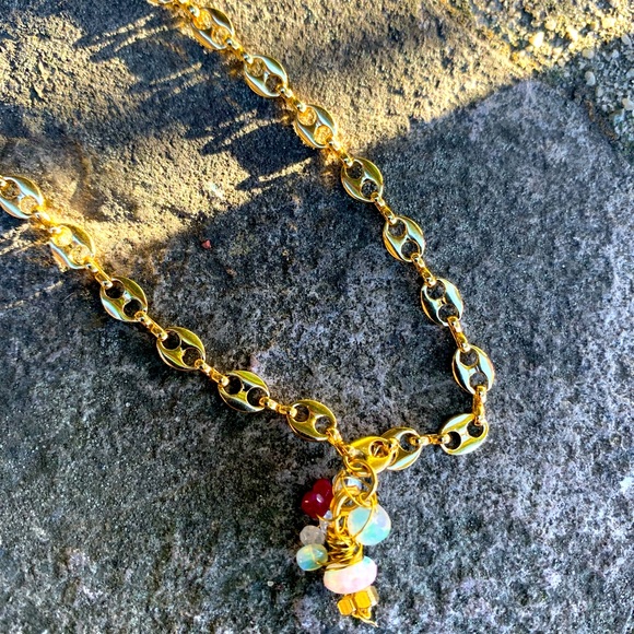 Handmade opal and ruby cluster necklace on 9 inch chain - Picture 1 of 3